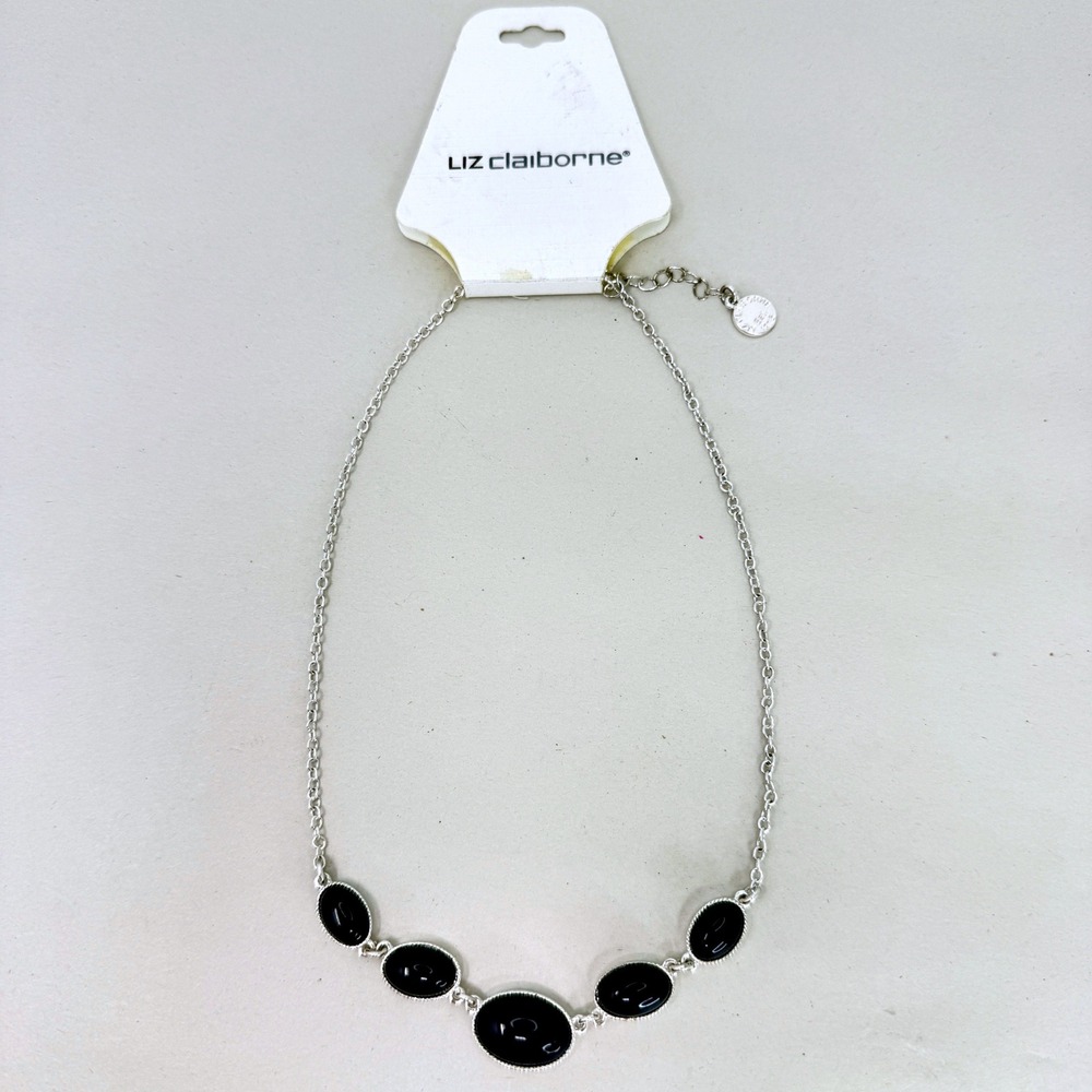 Liz Claiborne Oval Cabochon Link Necklace Silver Tone Navy Blue Nautical Beachy